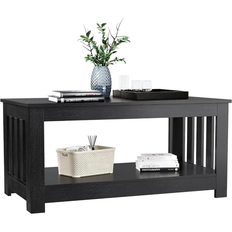 

Black Coffee Table, Wood Coffee Tables for Living Room, 2-Tier Rectangular Small Coffee Table Black, 38 Inch Living Room Tables