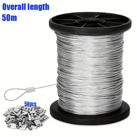 50m/196ft Stainless Steel Wire Rope with 50 Aluminum Crimps, 7x7 Strand Core 304 Cable for Outdoor Hanging, Clotheslines, Garden