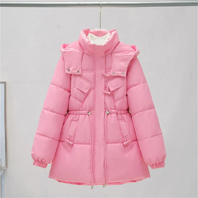 Winter mittellange Baumwoll jacke Frauen neue Stehkragen Kapuzen mantel lose Mode Oberbekleidung verdicken Parka Mantel weiblich