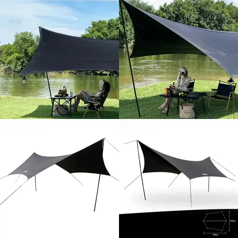 300D Black Coated Portable Oxford Camping Tarp Full Blackout Waterproof Sun Protection Canopy with Plaid Fabric Hexagonal