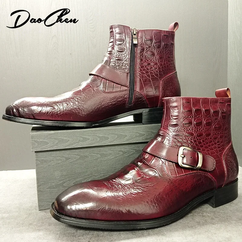 Luxury Men Ankle Boots Shoes Black Burgundy Crocodile Printed Zip Chelsea Buckle Strap Leather Shoes Dress Boots For Men