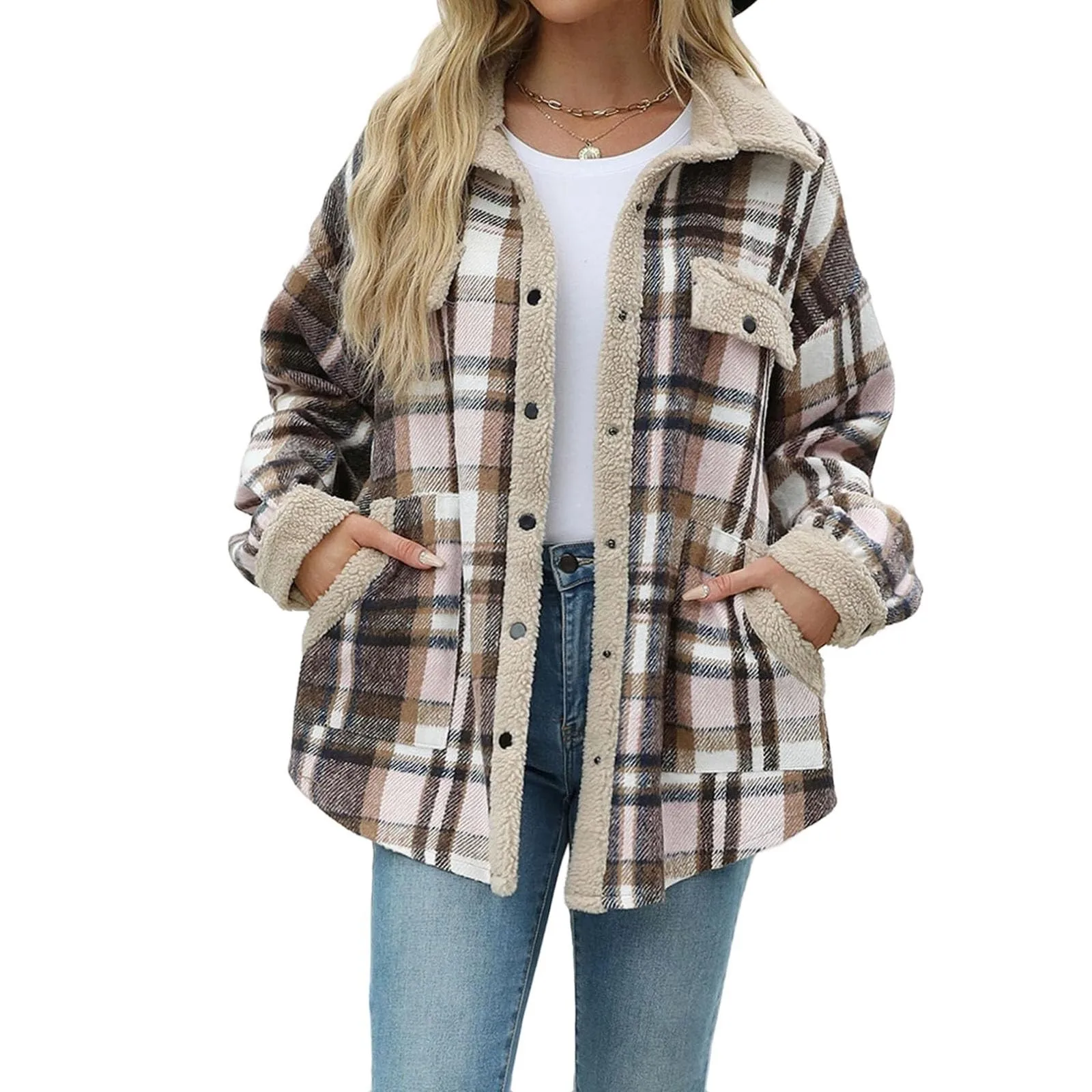 2024 New Loose Women Long Sleeve Pullover Casual  Plaid Shacket Jackets Fuzzy Fleece Button Down Open Front  Jackets Outfits