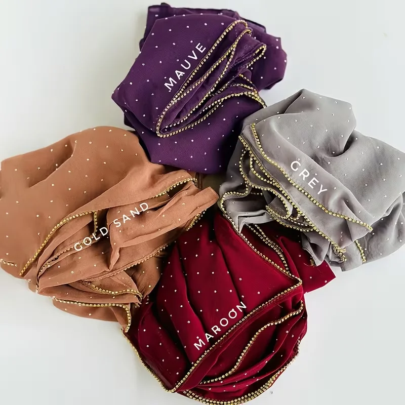 Bescheidener Muslimischer Chiffon-Hijab mit Strass und Goldreißverschluss, Islamischer Kopfschmuck für Frauen, Party, Hochzeit, Ramadan, Eid – Detail 4