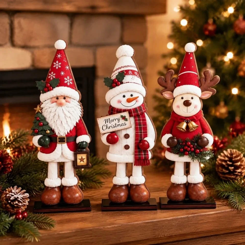 3Pcs Thickened Wooden Christmas Tabletop Ornaments Vintage 2D Flat Santa Snowman Reindeer Figurines Set Painted Stable Base