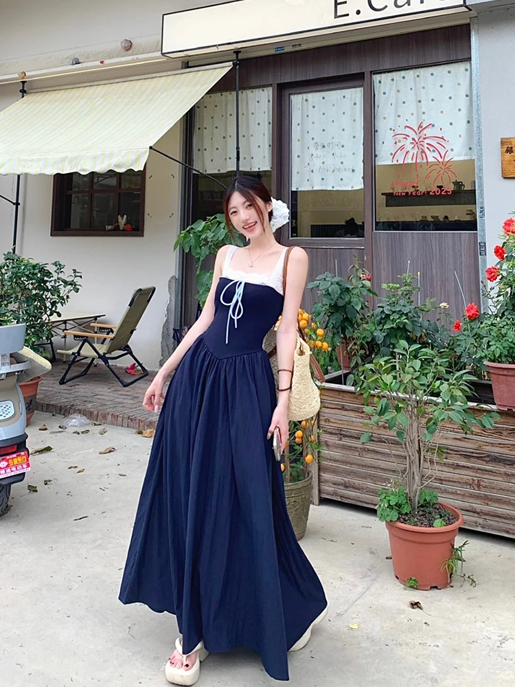 Vestido Cruzado con Cinturón y Encaje E, Vestido  en Línea A, Estilo Casual de Verano para Mujer, Cintura Alta, Es...