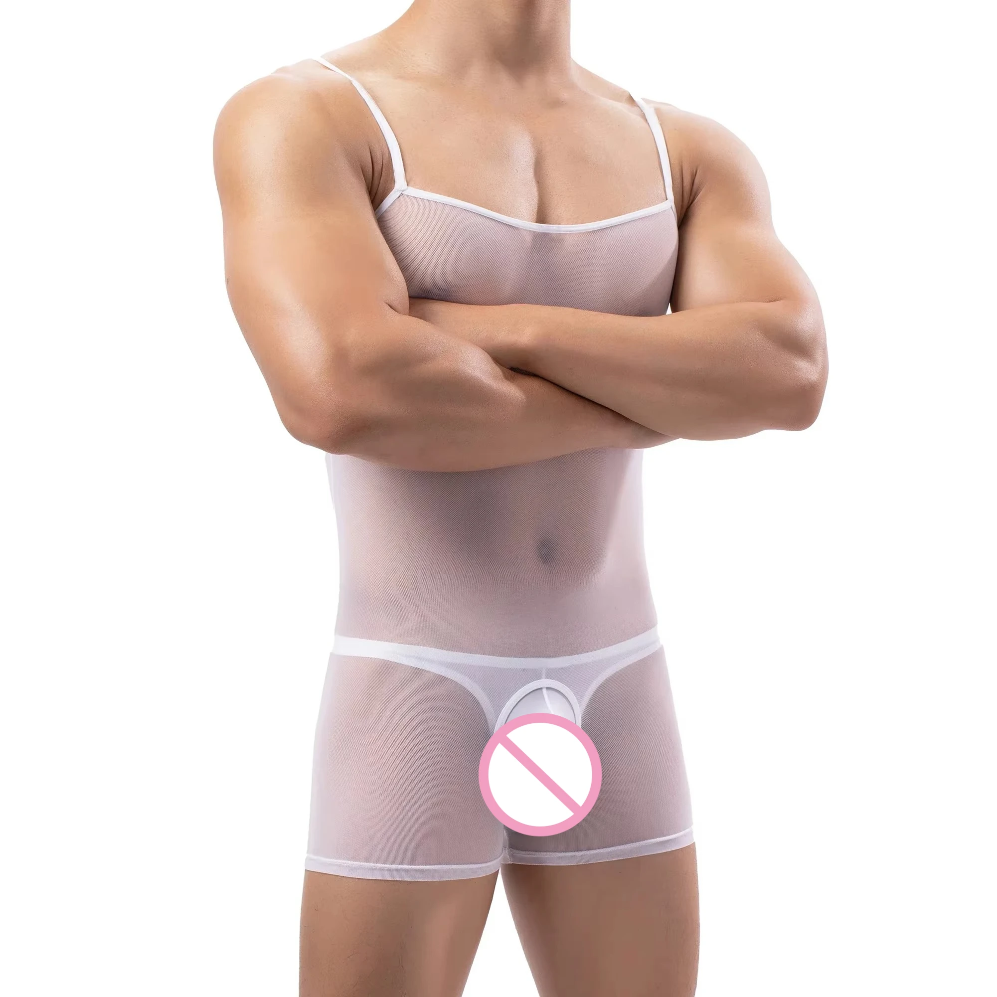 Men's Crotchless Suspender Jumpsuits Transparent Mesh Breathable Underwear Bodysuits Pajamas Erotic One-pieces Lingerie Leotards