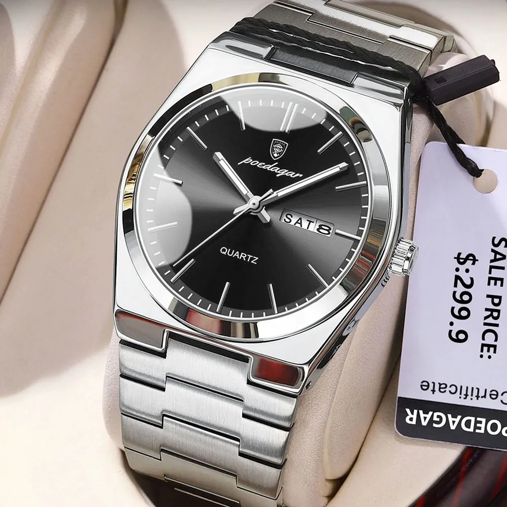 POEDAGAR Fashion ساعات رجالية بسيطة الاتجاه الأصلي كوارتز ساعة للرجل مقاوم للماء الفولاذ المقاوم للصدأ ساعة اليد تاريخ مضيئة