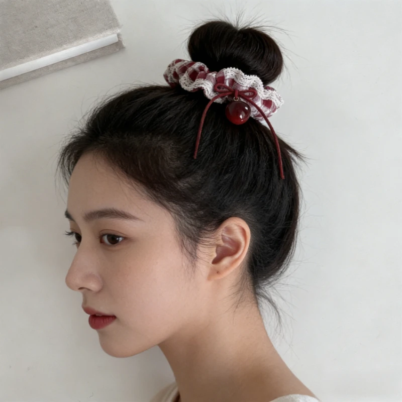 New Red Plaid Cherry Scrunchie Korean Windmill Hair Ring Cute Cherry Square Scarf Design Sweet Hair Accessories for Daily Outfit