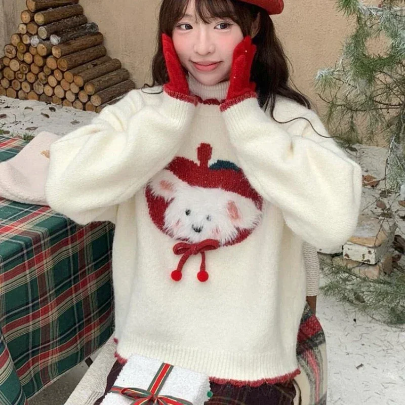 Sweet College Style Christmas Puppy Jacquard Design Round Neck Sweater For Girls Winter Loose Sweater