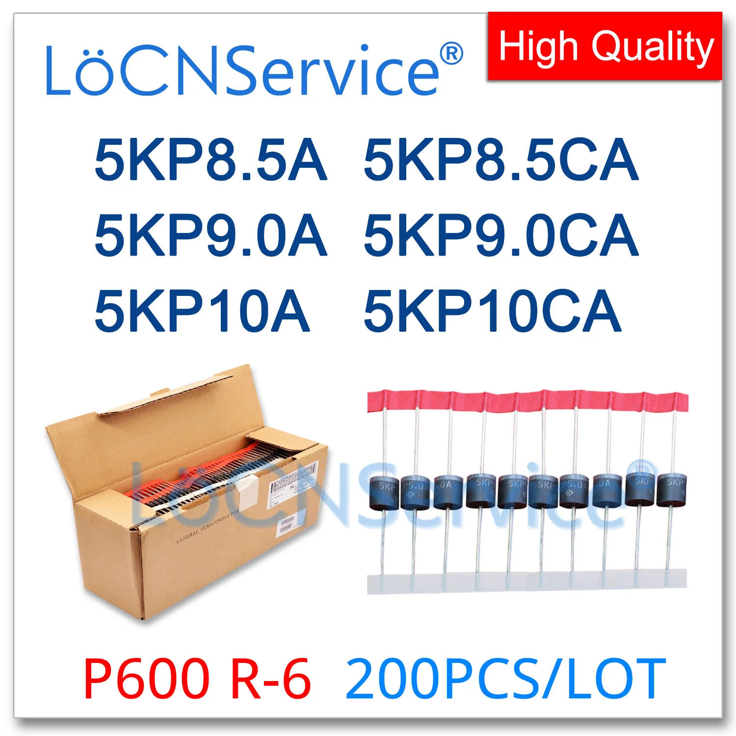 

LoCNService 200PCS 5KP8.5 5KP8.5A 5KP8.5CA 5KP9.0 5KP9.0A 5KP9.0CA 5KP10 5KP10A 5KP10CA P600 R-6 TVS Diode High quality 5KP