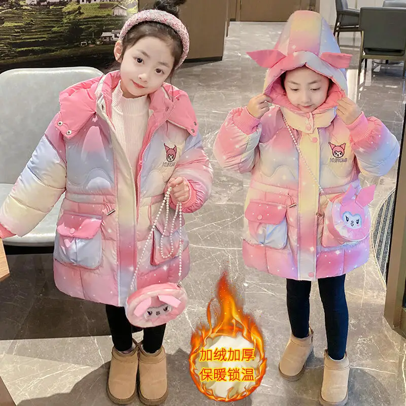

Kuromi, плотное хлопковое пальто для девочек, новинка зимы 2023 года, модная детская теплая куртка средней длины в стиле аниме Kawaii, милая удобная одежда