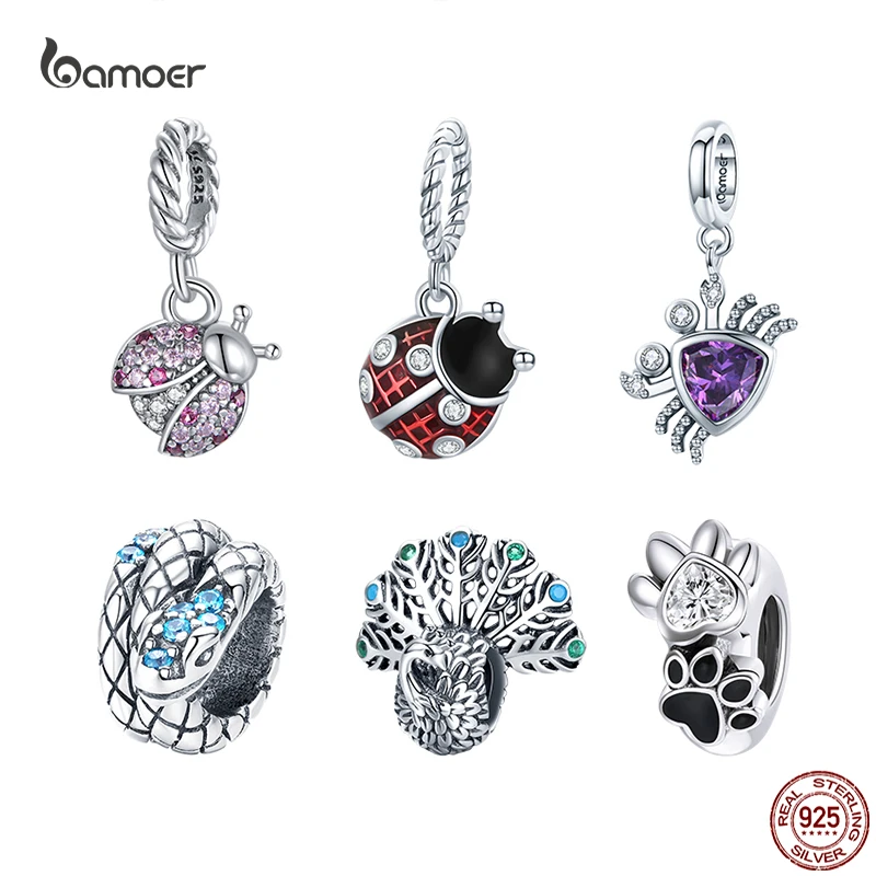 Bamoer 925 Sterling Silver Fashion Ladybug Crab Cat Animal Beaded Pendants Charms Female Original DIY Bracelet Necklace Jewelry