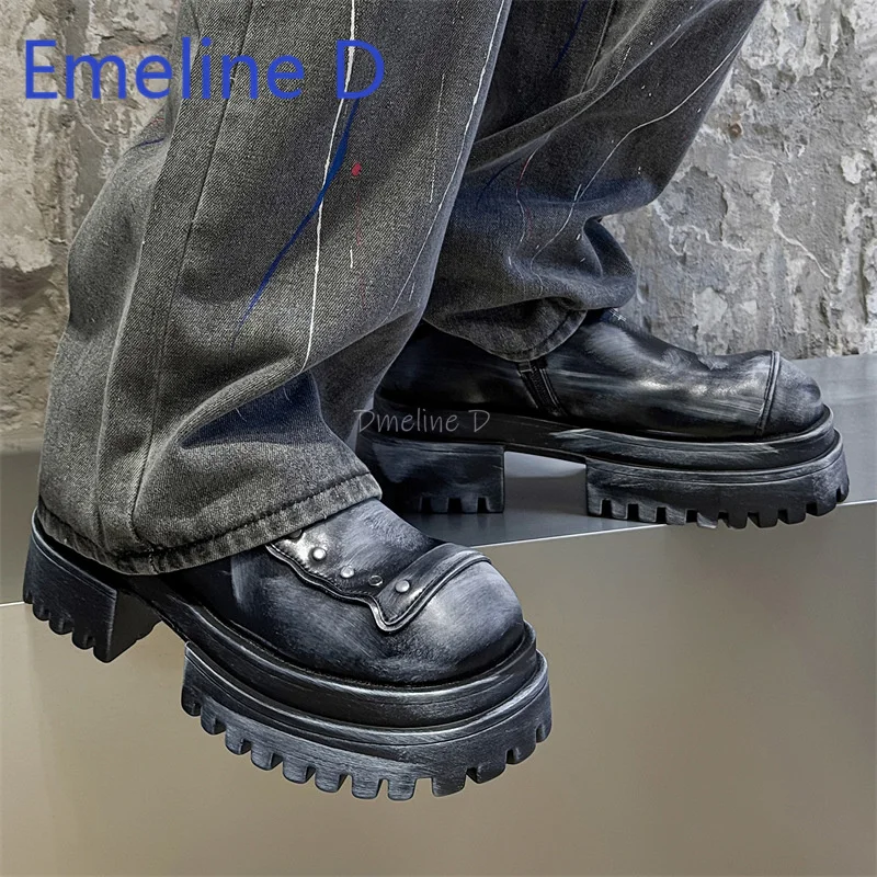 

Thick Soled Derby Shoes for Men Fashionable Niche High-End Distressed Black Leather Shoes Height Increasing Retro Loafers