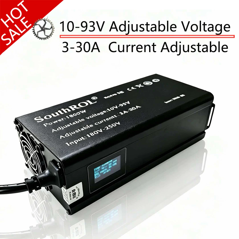 Cargador de Batería de Litio Ajustable de 10V a 93V 30A, Cargador para Motocicletas Eléctricas, Cargador para Scooters de 36V 48V 60V 72V