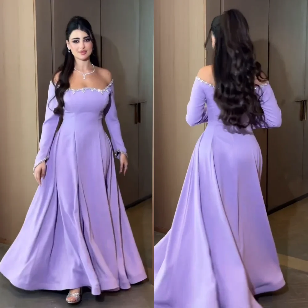 Customized Jersey Sequined Off-the-shoulder A-line Lavender Long Dresses Bespoke Occasion Evening Gown Classic Elegant Prom