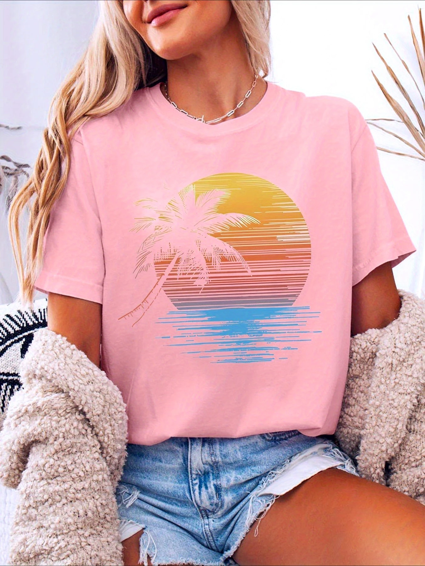 لينة المرأة شجرة النخيل الاستوائية الجرافيك تي شيرت قصير الأكمام طاقم الرقبة رداء علوي غير رسمي للمرأة الصيف شجرة النخيل الاستوائية تي شيرت