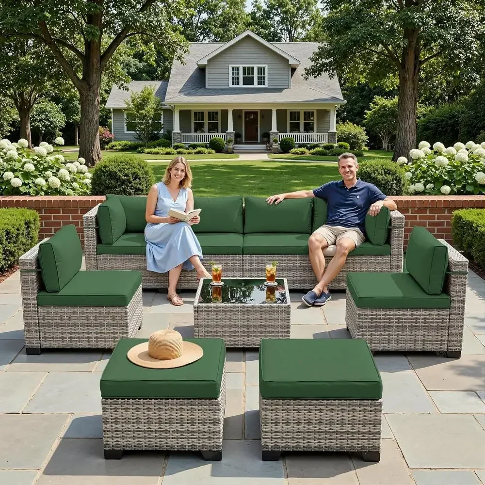 9-Piece Outdoor Patio Furniture Set with Ottomans, All-Weather Wicker Rattan, Rust-Resistant, Perfect for Backyard, Deck or Gard