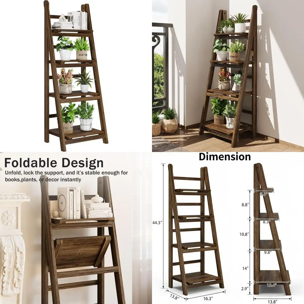 

Vintage Wooden 4-Tier Ladder Bookshelf, Plant Stand Storage, Brown for Home Living Room