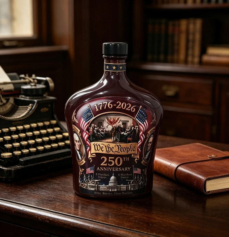 

Vintage Declaration-Inspired Liquor Flask,Patriotic Print Glass Whiskey Bottle, Decorative Bar Accessory for Home & Party Use