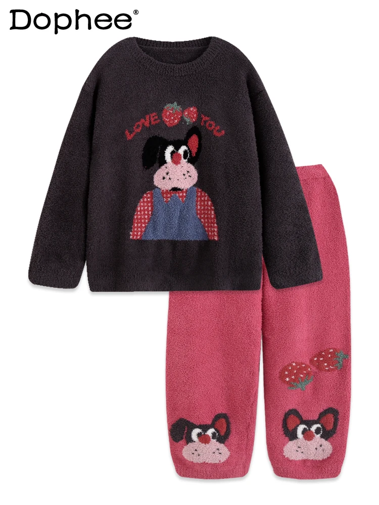 

Japanese Style Cute Winter Fleece-Lined Warm Pajamas Thickened Coral Fleece Round Neck Soft Cartoon Sweet Homewear for Women