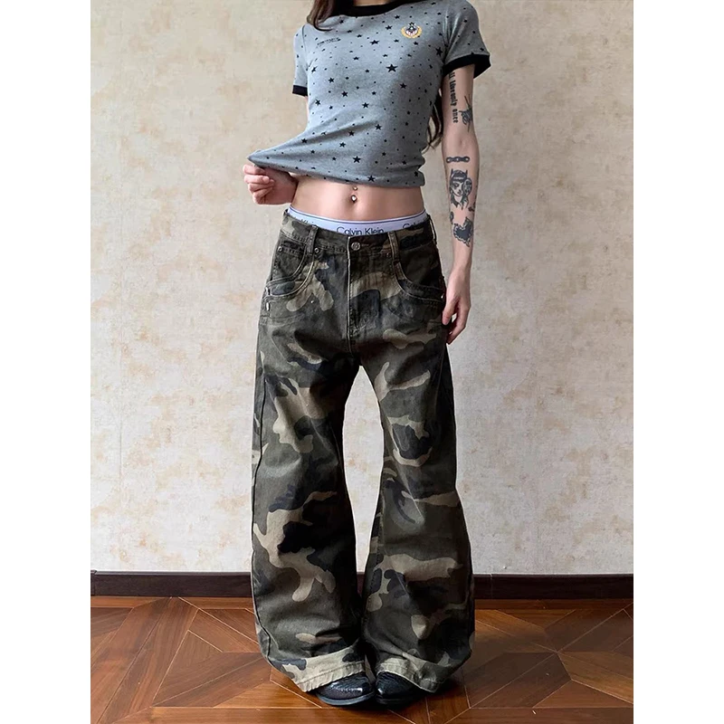 Women Camouflage Gothic Y2k Gyaru Baggy Jeans Oversize Denim Trousers Vintage Harajuku Grunge Cargo Wide Leg Jean Pants