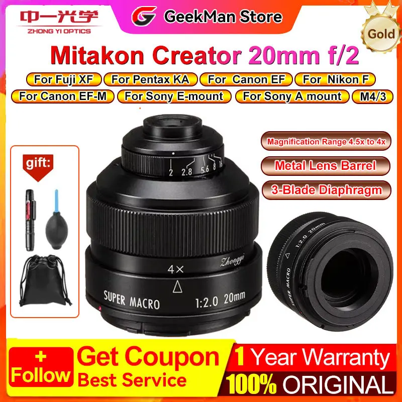 Zhongyi 20mm F2 4.5X Super Macro Lens Full Frame For Canon EF/EF-M Nikon F Sony E A Pentax K Olympus M4/3 Fujifilm X Camera