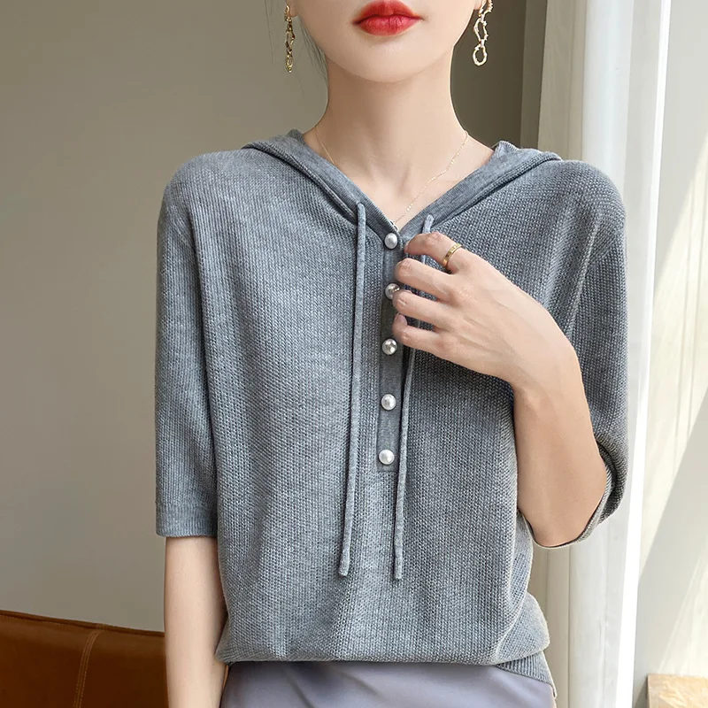 Women's T-shirt Summer Wool Knitted Tees Casual Solid Color Sweater Short Sleeve Hooded Collar Blouse Ladies Clothes Loose Tops