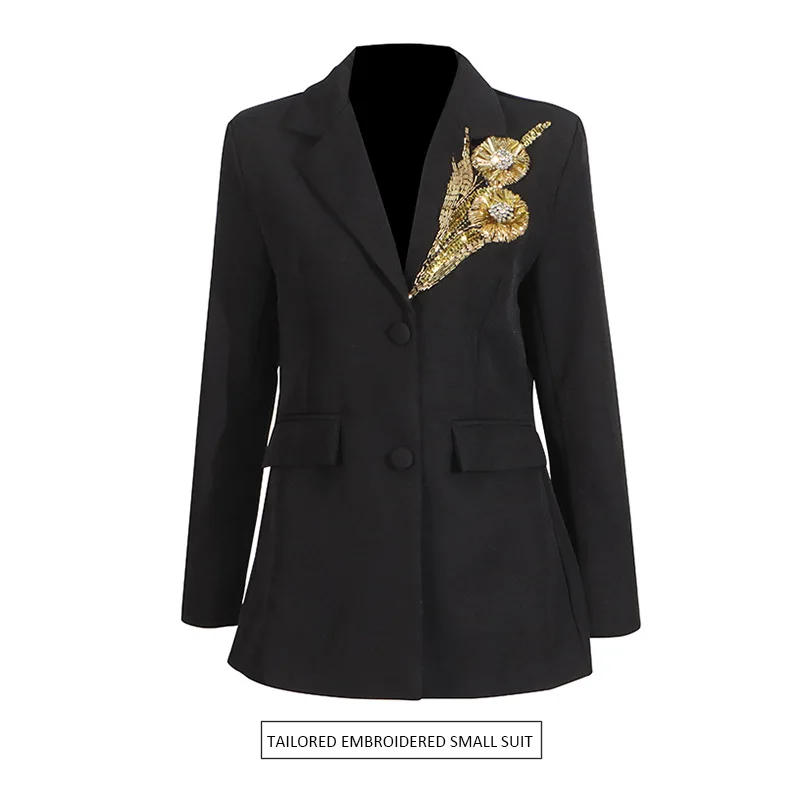 

Embroidered Long Sleeve Suit Jacket Women's Slim Fit Glittering Gold Flower Embellished Waist-Cinching Slimming Oute...