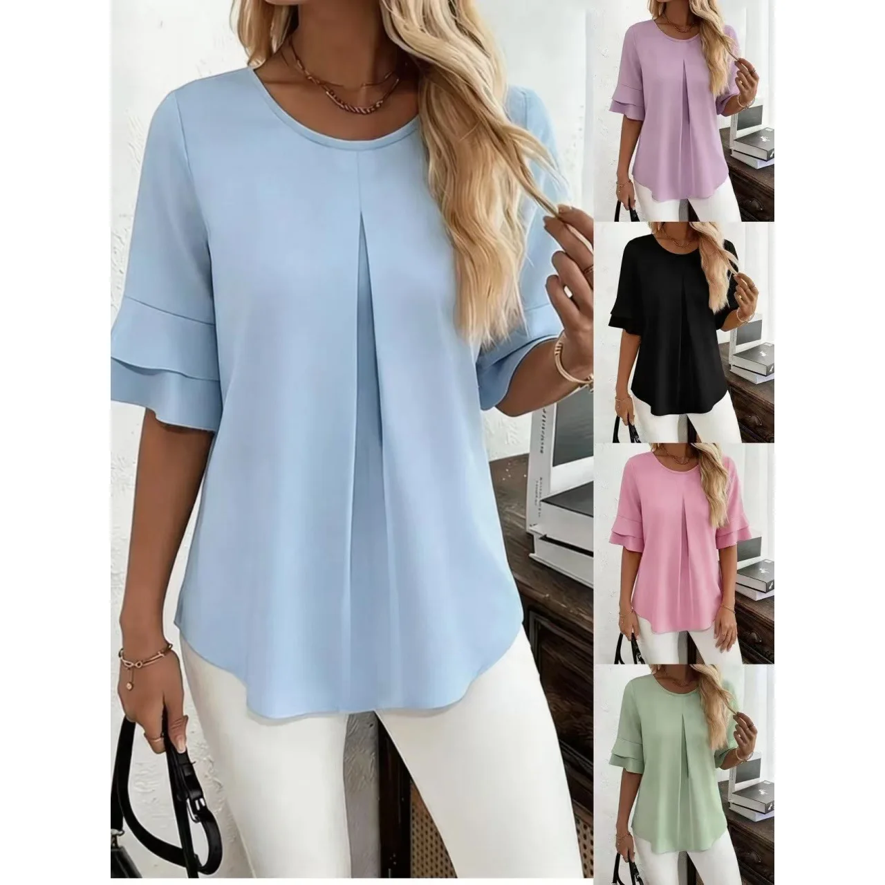 

Summer New Women's Top Solid Color Shirt Half-sleeved Loose Slimming Ruffled Shirt Casual Daily Shirt for Female