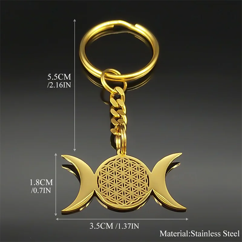 Witch Triple Moon Goddess Keychain for Women Men Stainless Steel Gold Color Wicca Flower Seed of Life Key Ring Jewelry K3766S02 image 6