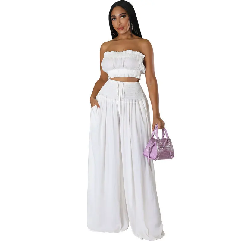 Modische 2-teilige Sets Damenkleidung Sommer Lässig Elegant Tube Top und Weite Hose Anzug Passendes Zweiteiler-Outfit – Detail 5