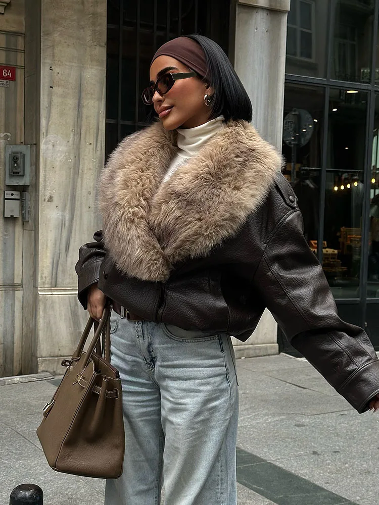 HH Women Chic Double Breasted Faux Fur-Effect Lapel Pocket Decoration Jacket Woman Casual Loose Short Coat Fashion Street Jacket