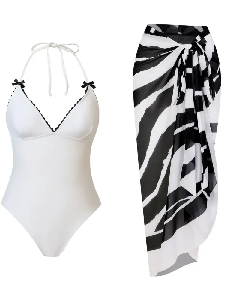 Retro Bikini Printed Fashion One Piece Swimsuit And Cover Up With Skirt Tight Women's Bandage Summer Beach Luxury Elegant
