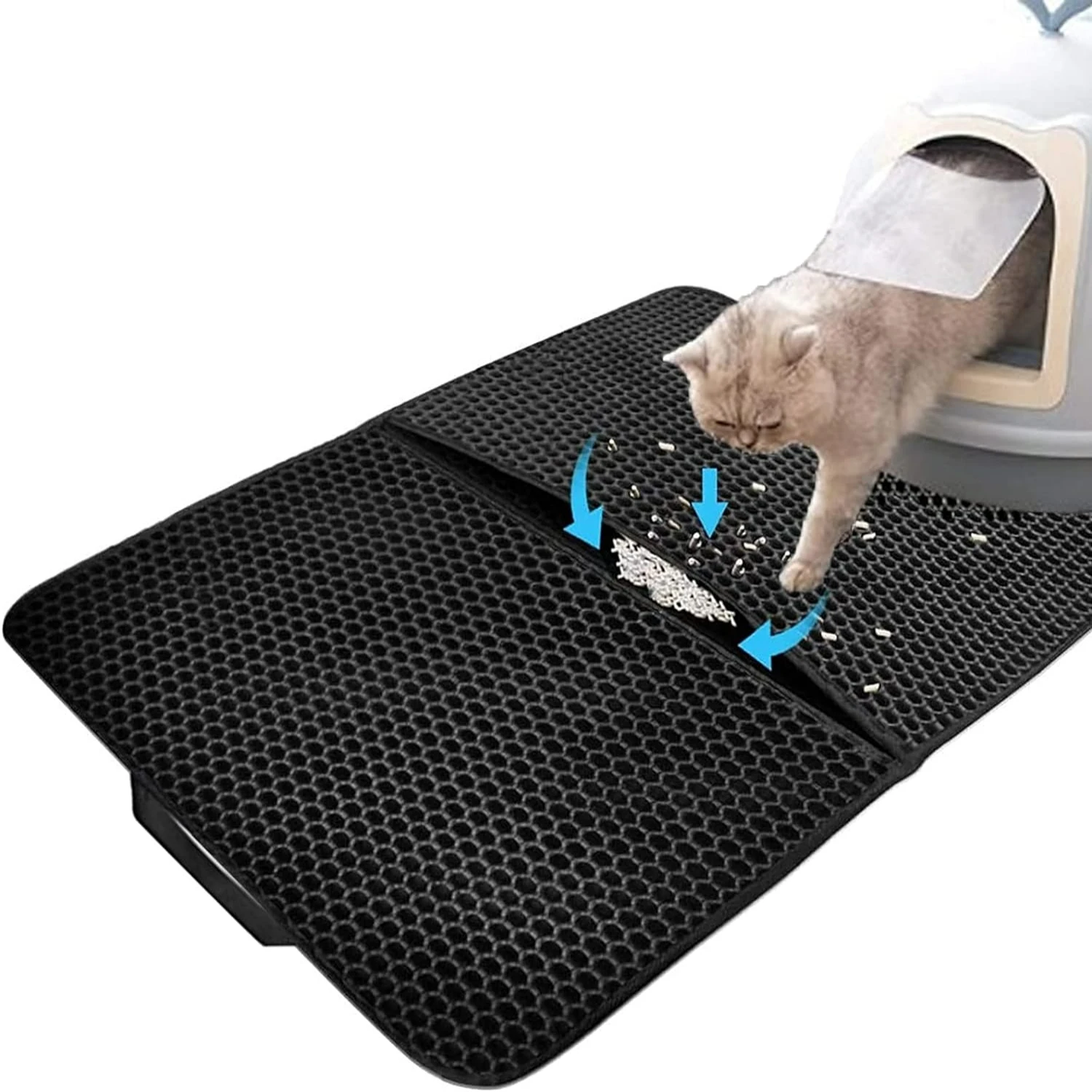 

Black Non-Slip Waterproof Cat Litter Mat with Double Layer Honeycomb Design, Handles and Funny Cat Stick, Collar, Comb - 29 * 21