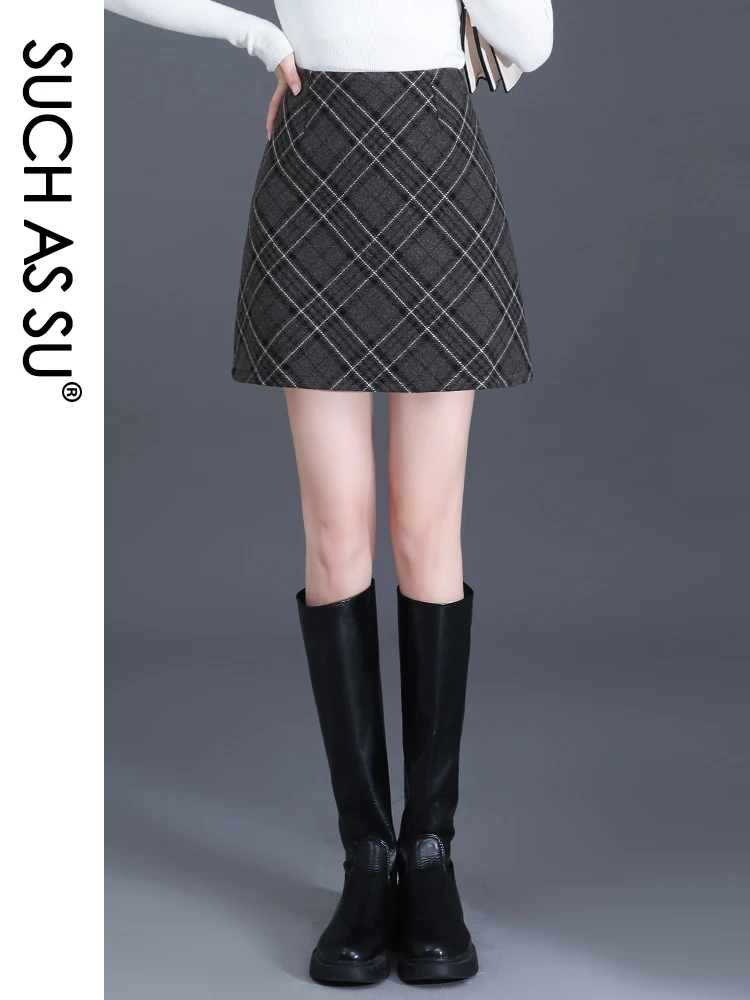 SUCH AS SU Womens A Line Skirts 2024 Fashion Autumn/Winter Woolen Grey Plaid Brown Plaid S-XXXL Female Mini Skirt Female 3249