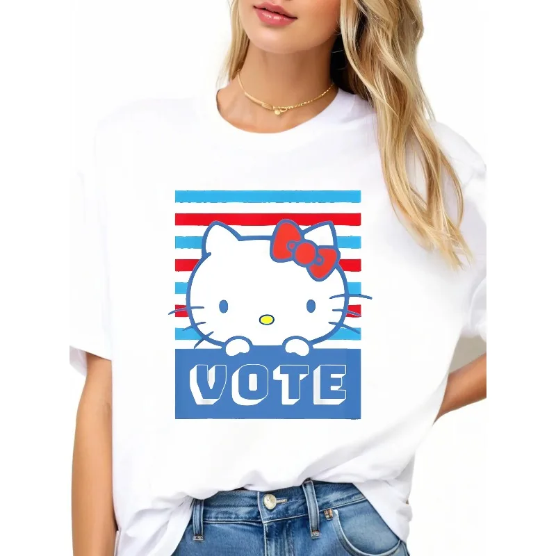 

Sanrio for Hello Kitty Women's Voting Striped T-shirt Soft Casual T-shirt "GOOD VOTE" Design Women's Loose Round Neck T-shirt