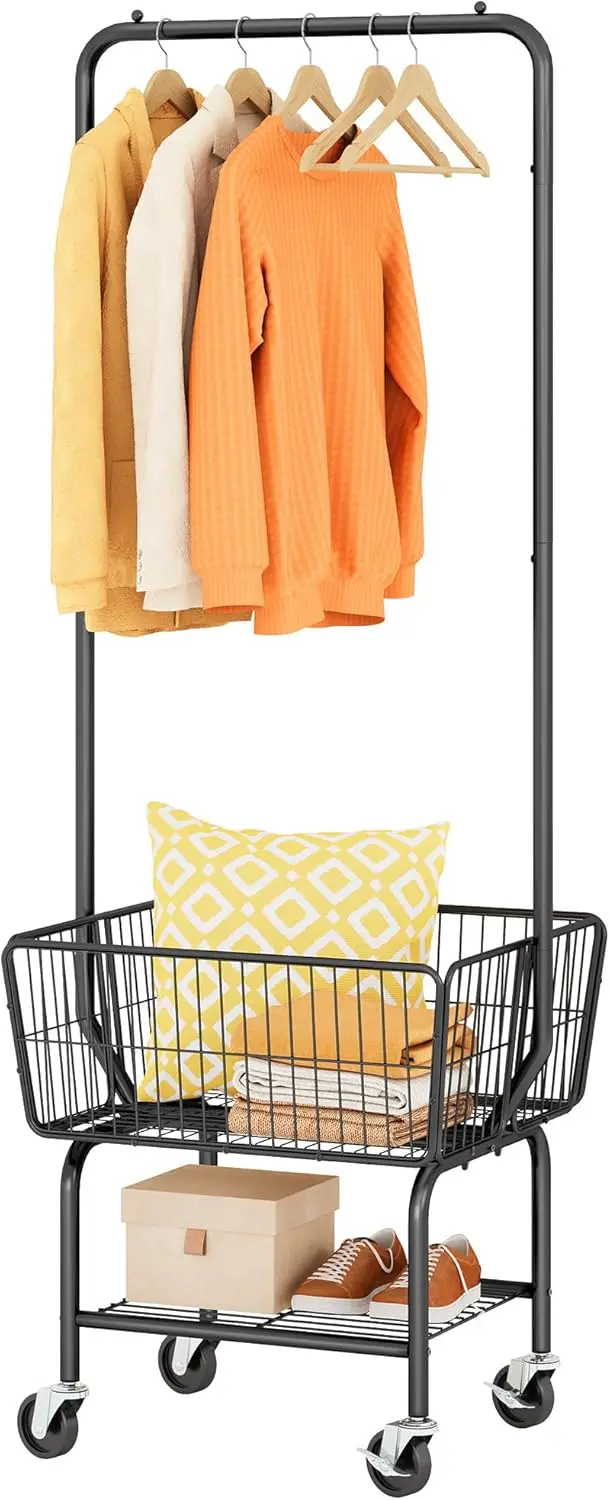 

Metal Laundry Cart with Hanging Rack, Wheels, Storage Basket and Shelf for Easy Organization