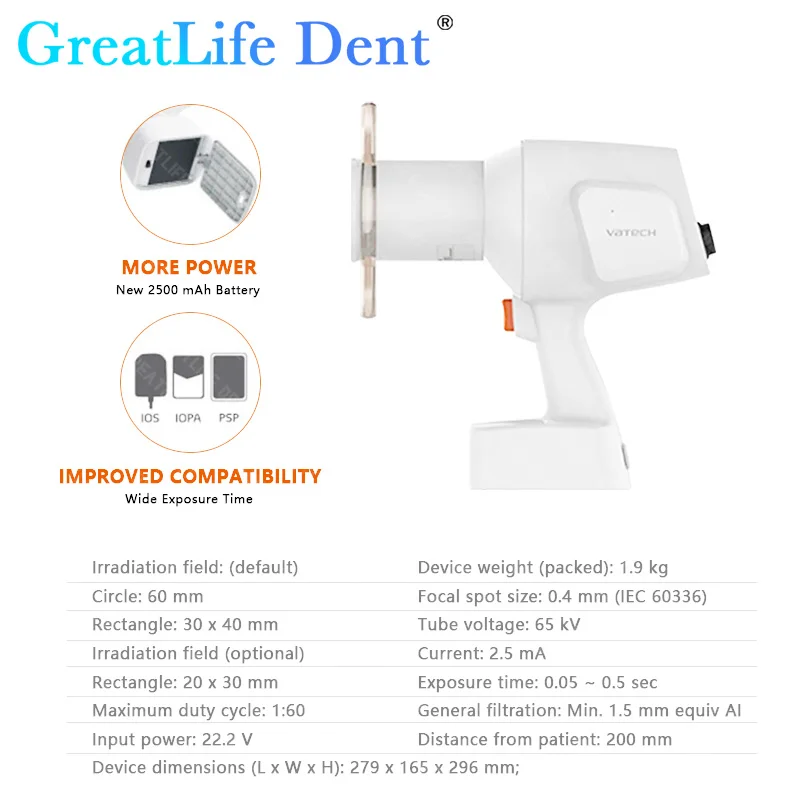 GreatLife Dent Vatech EzRay Air Portable Dental X-Ray Unit Machine with Protective Shield Compatible Digital Radiovisiograph Rvg