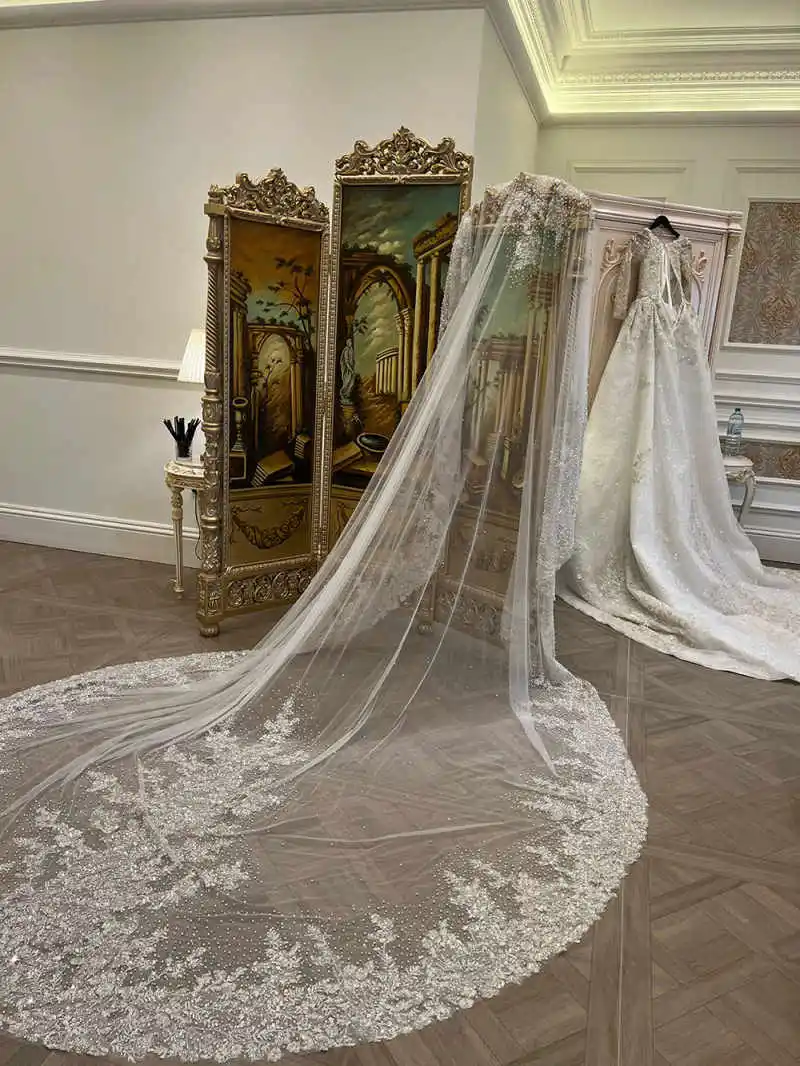 Luxury Sequins Wedding Veil Pearls Cathedral Length One Layer Bridal Veils Lace Edge For Bride Velo De Cabeza Customized