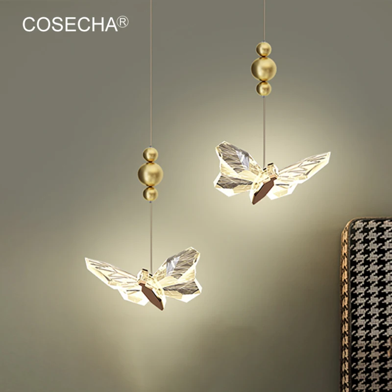 Butterfly Crystal Led Chandelier Bedroom Bedside Suspension Lights Modern Gold Hanging Lamp For Kids Room 10W Neutral White