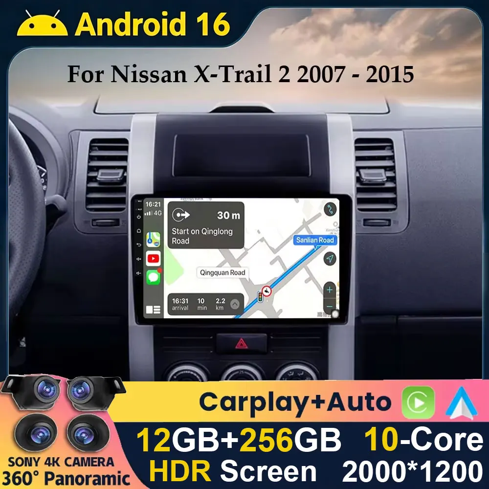 Android 16 WIFI+4G 360 Camera For Nissan X-Trail X Trail XTrail 2 T31 2007-2015 Car Radio Multimedia Player Navi Stereo GPS QLED