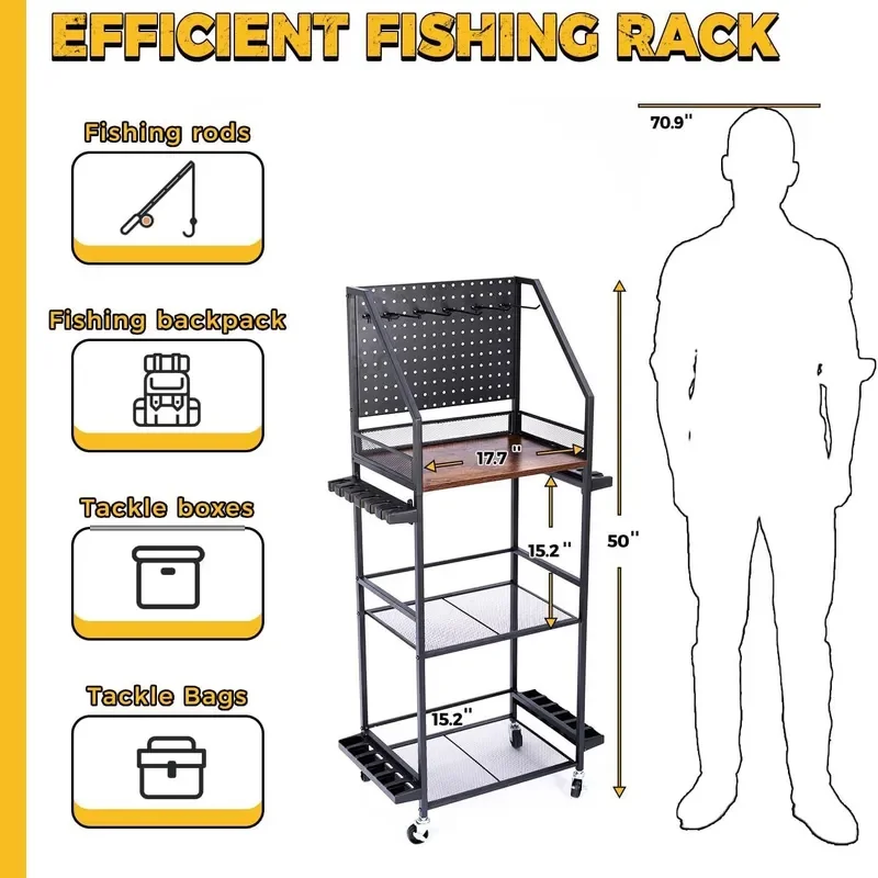 for Garage Fishing Rod Storage Rack Holds 12 Rods with Hole Plate Hook Mobile Fishing Cart with Wheels