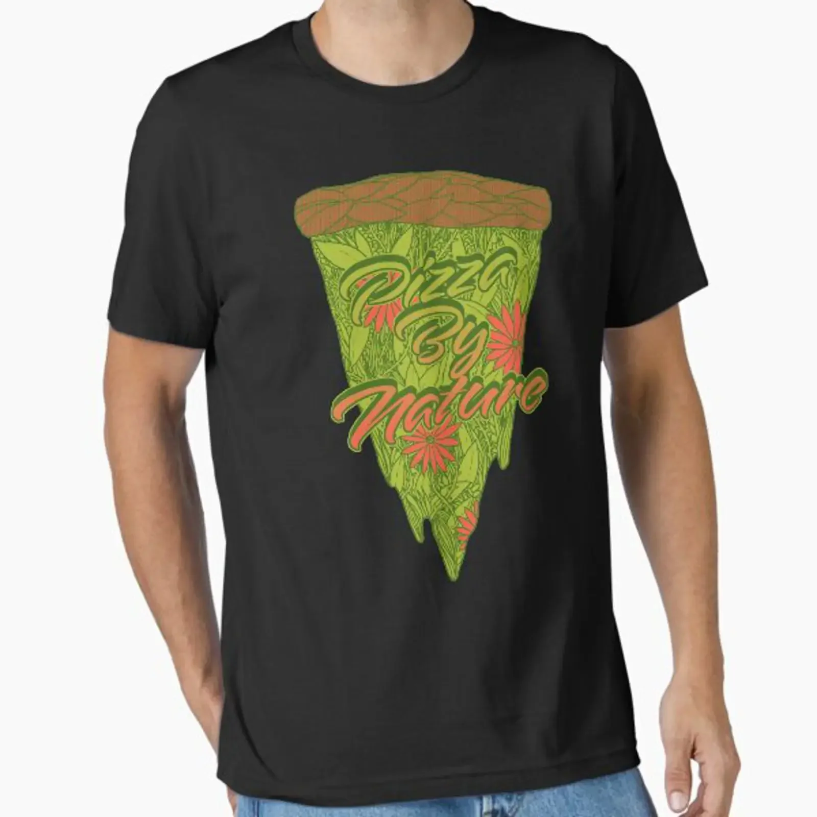 Pizza By Nature Essential T-Shirt im Vintage-Stil, gewaschen, Unisex, modischer Grafikdruck, bequeme Streetwear, weich, leicht atmungsaktiv