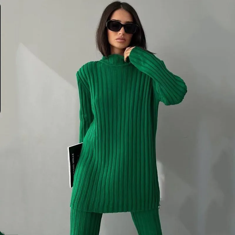 2024 Knitted Pullovers Pants Sleepwear Suit Sweater Two Pieces Set Solid Knit Shoulder Pad Top Fashion Casual Autumn Homewear