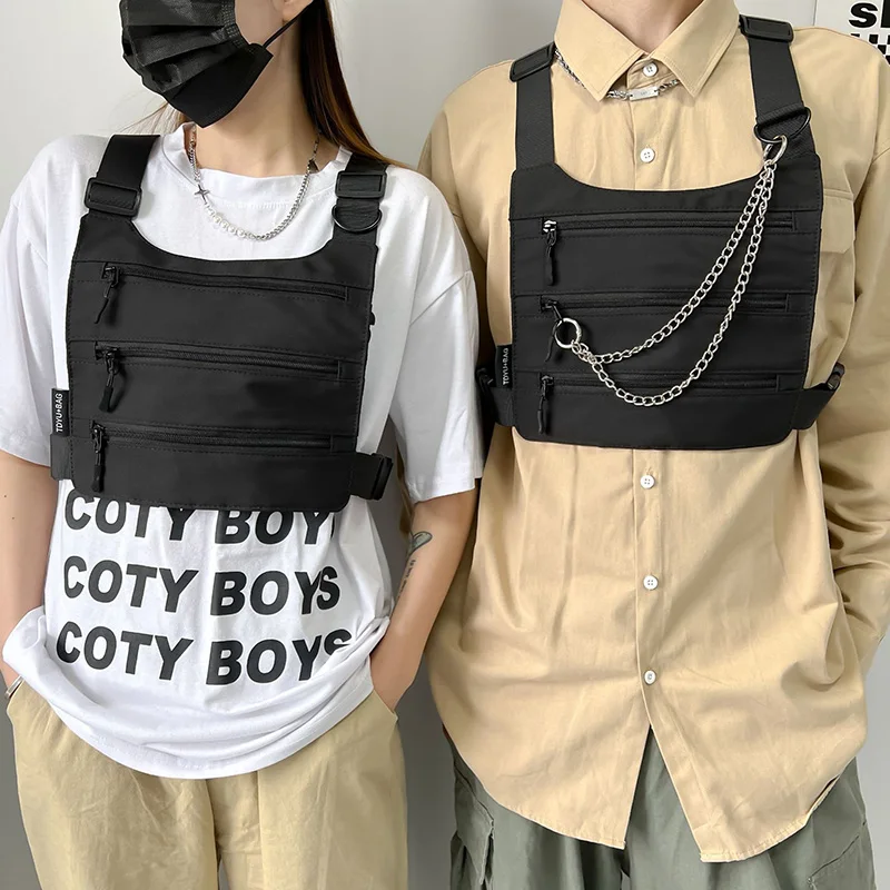 Hip Hop Streetwear Unisex Chest Pack Functional Men Tactical Vest Chest Rig Bags With Metal Chain Fashion Canvas Waist Pack Male