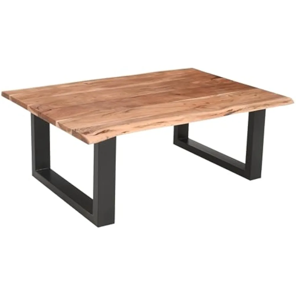 طاولة القهوة المستطيلة من Urban Port Farmhouse مع تفاصيل حافة حية وقاعدة زلاجات معدنية، باللونين البني والأسود #1