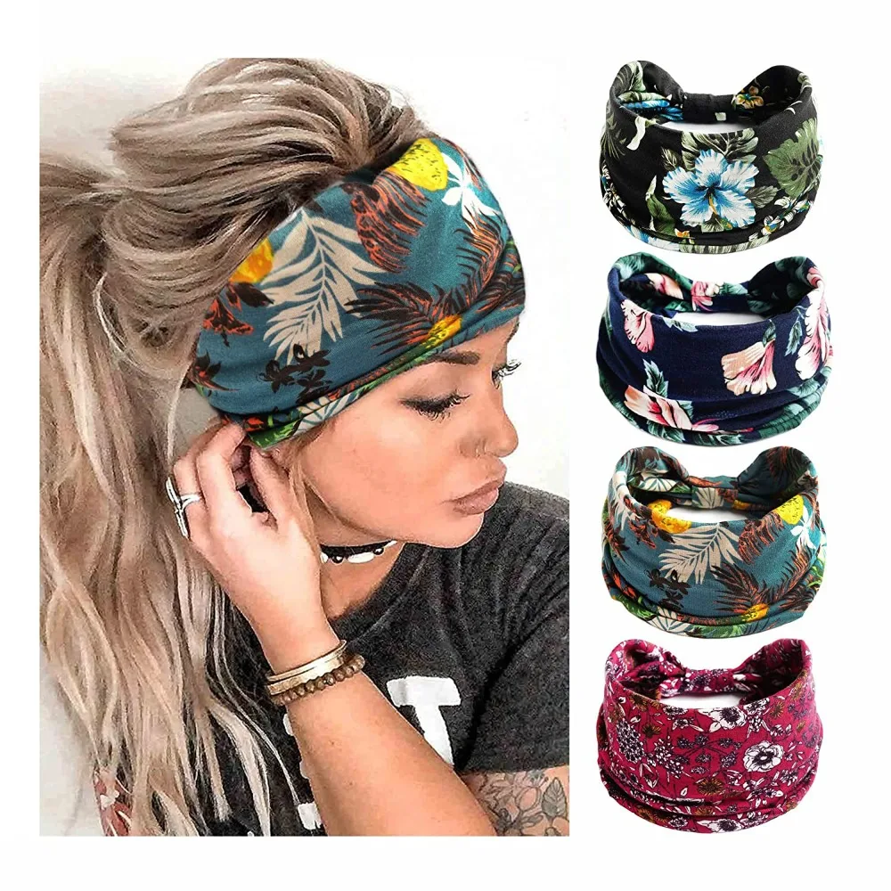 Bohemian Headband Elastic Turban Headwear Cotton Stretch Wide Yoga Hair Band Casual Fashion Hair Accessory For Dance Biker