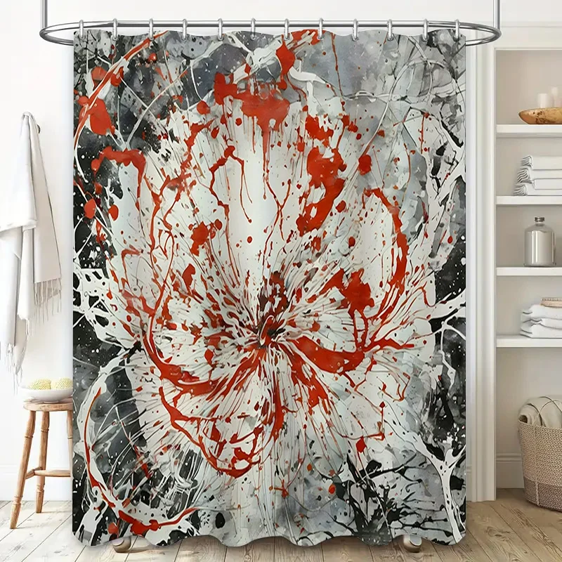 Abstract Red White Splatter Print Shower Curtain for Bathroom Decor