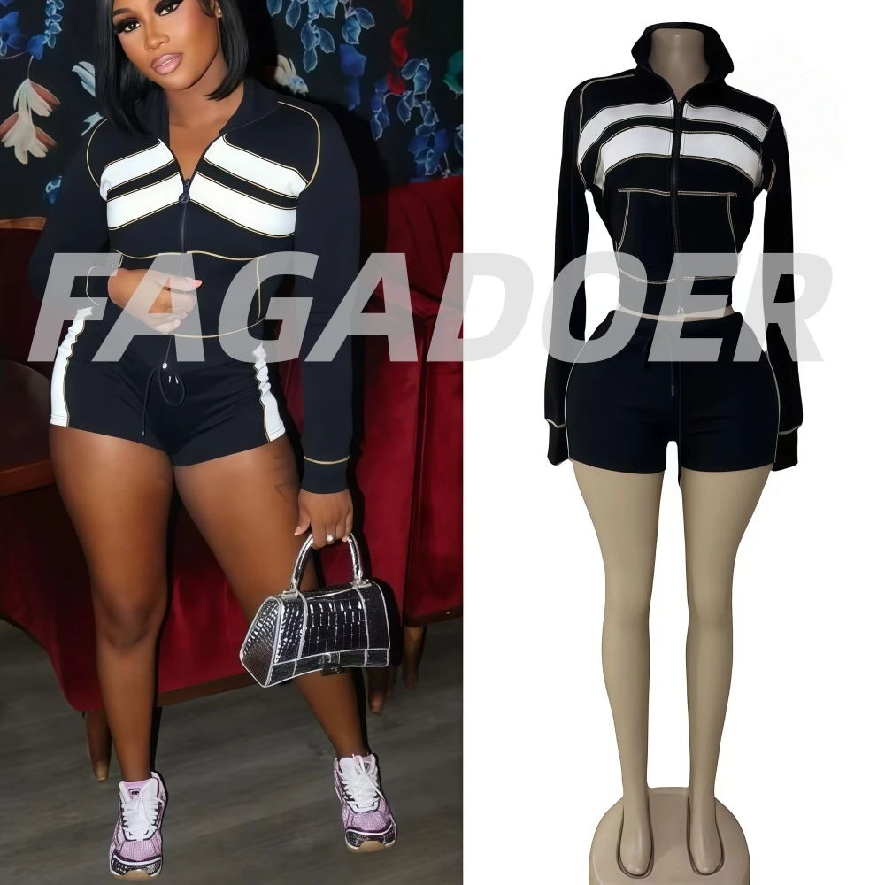 

FAGADOER Autumn New Casual 2 Pieces Set for Woman Outfits Color Block Zipper Long Sleeve Crop Top and Shorts Female Streetwear