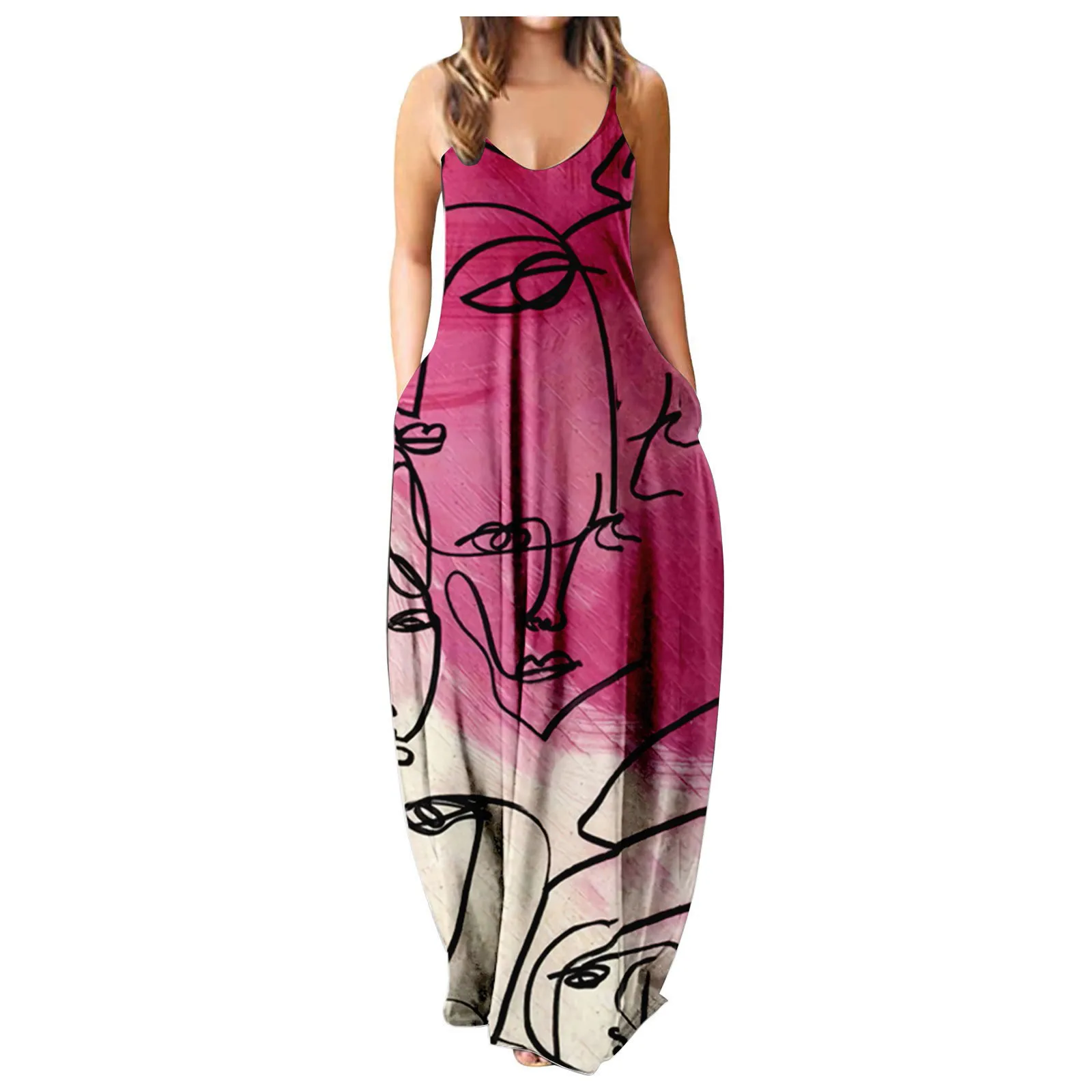 Pregnant Women\'s Summer Strapless Long Dress With Abstract Face Digital Print  Stylish  Comfortable For Streetwear Breathable